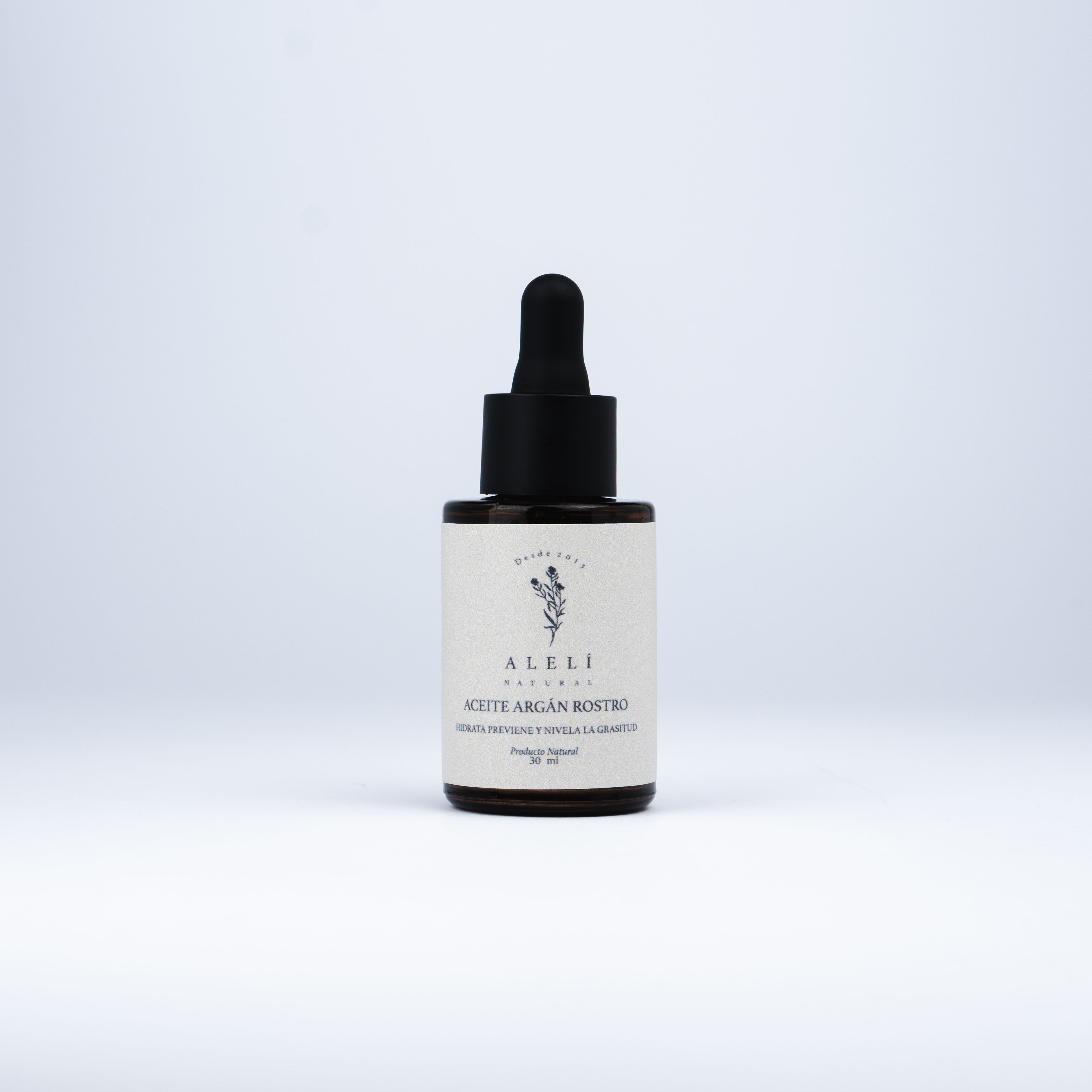 Vista frontal del Aceite de Argán Alelí Natural de 30 ml en frasco gotero. Hidratación profunda para rostro, cuerpo y cabello.