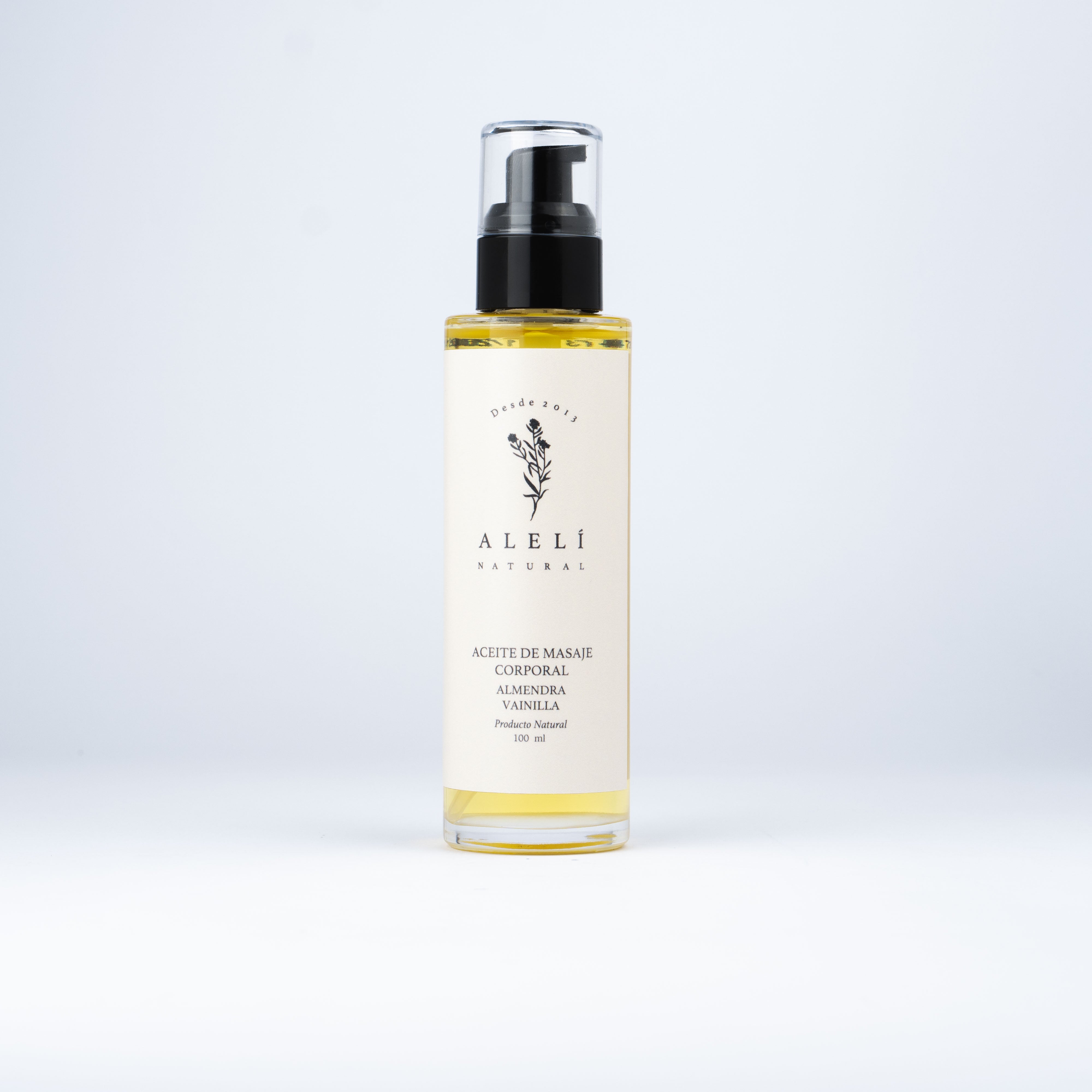 Aceite corporal hidratante de masaje Almendra Vainilla Alelí Natural 100 ml. Nutrición con fragancia dulce y acogedora.