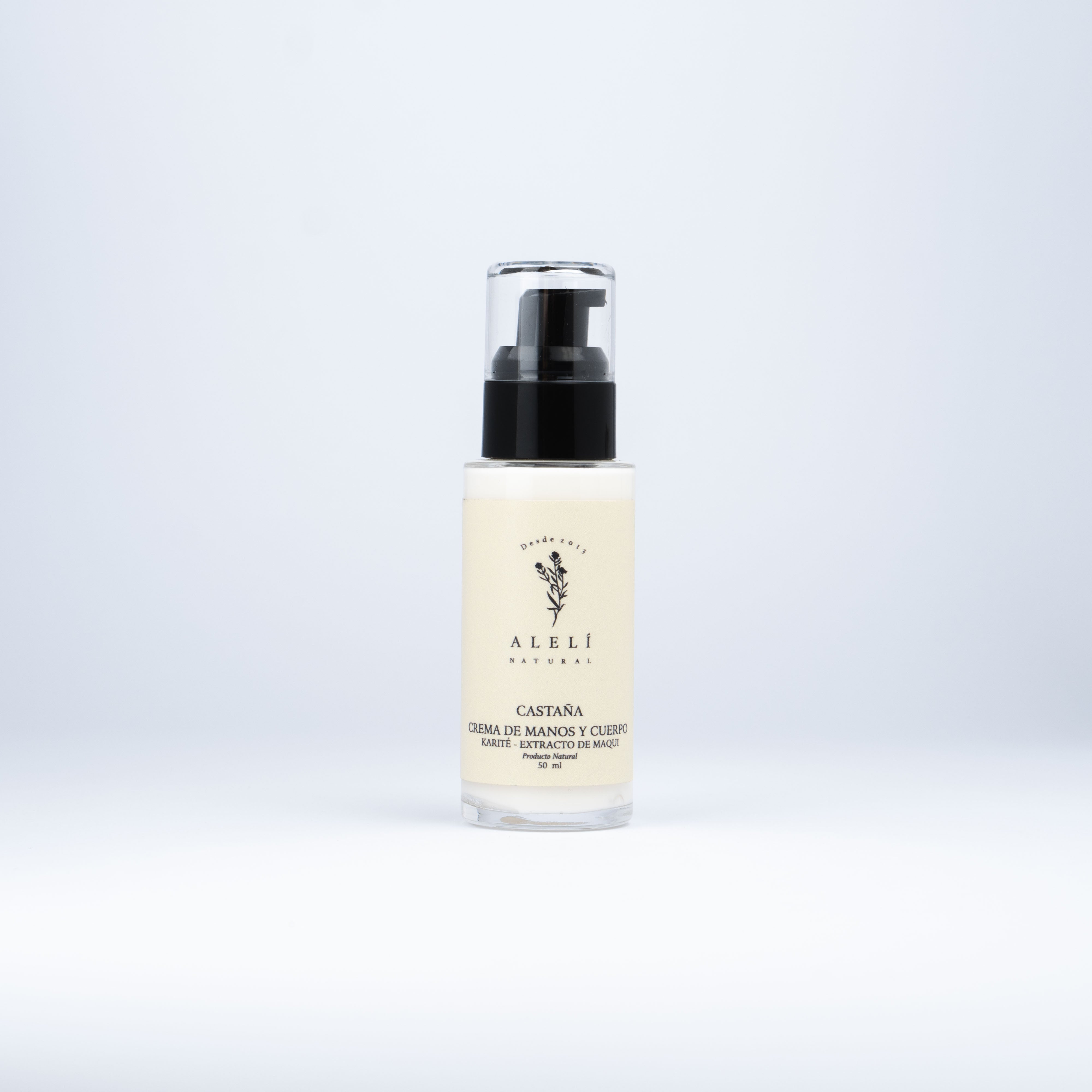 Crema de manos y cuerpo Alelí Natural 50 ml Castaña. Fragancia suave y terrosa con hidratación profunda para todo tipo de piel.