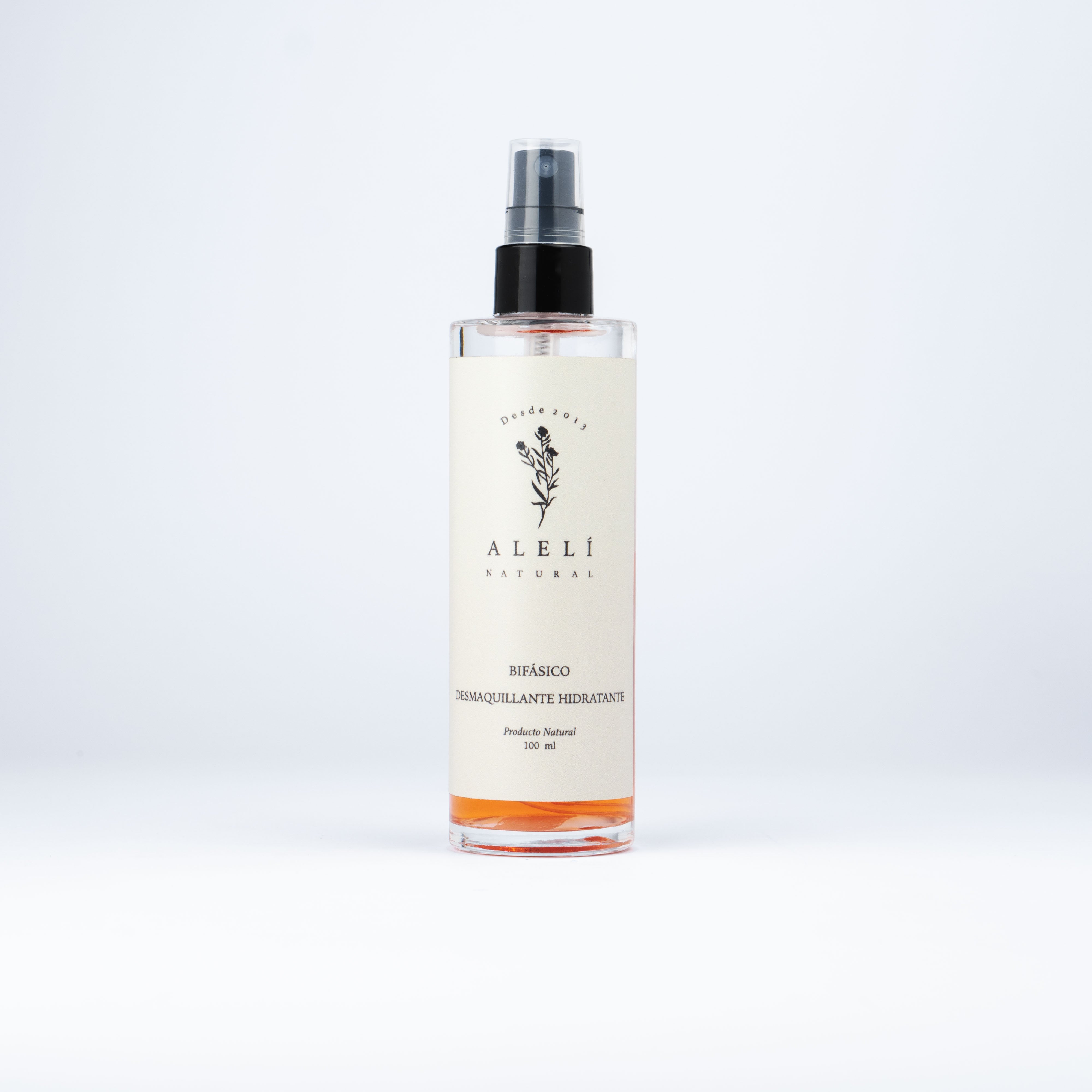 Limpiador Facial Bifásico Alelí Natural 100 ml. Remueve maquillaje e impurezas, limpia y nutre con agua de rosas y palo de rosa.