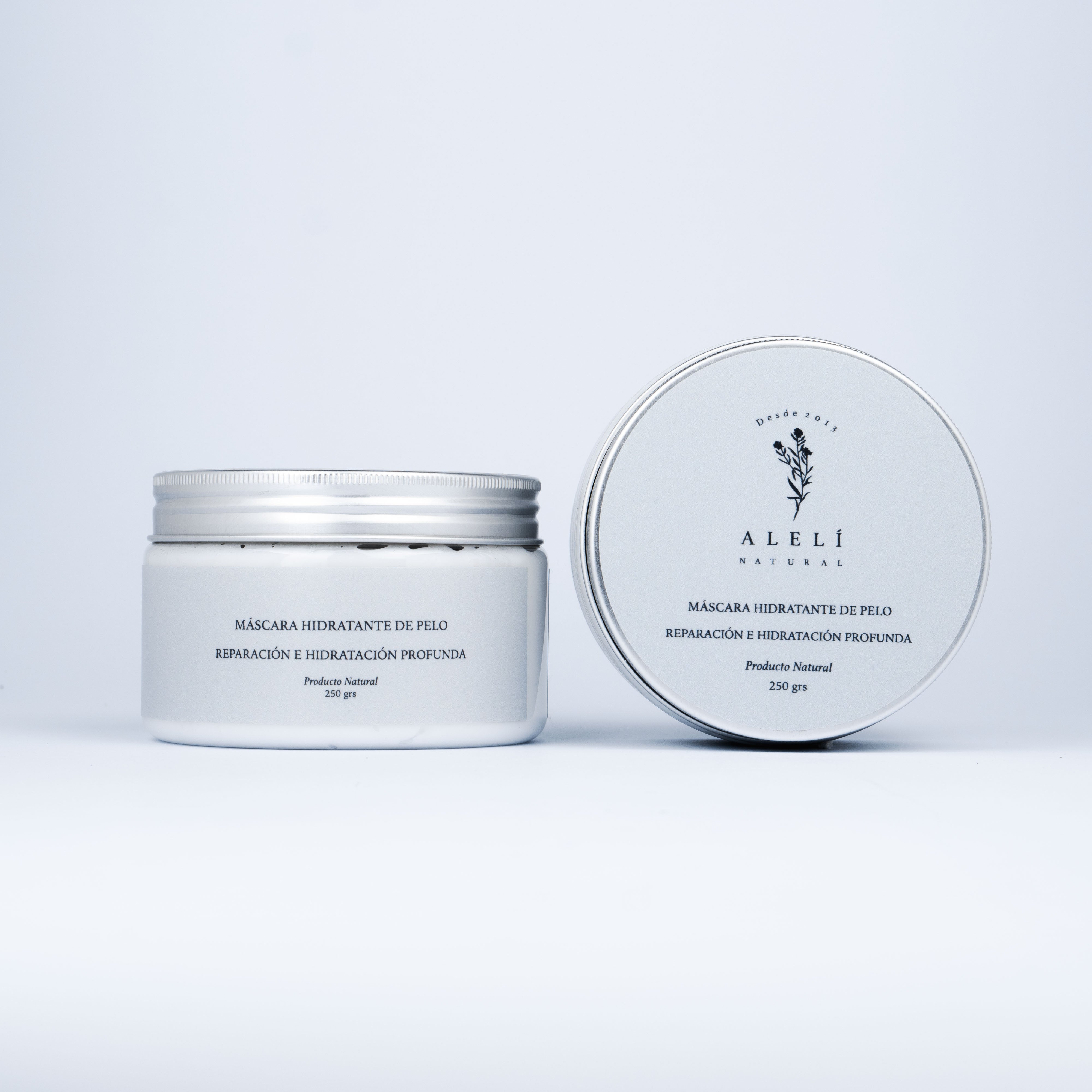 Máscara hidratante de pelo Alelí Natural 250 grs con coco, miel y argán. Nutrición profunda para cabello seco o dañado.