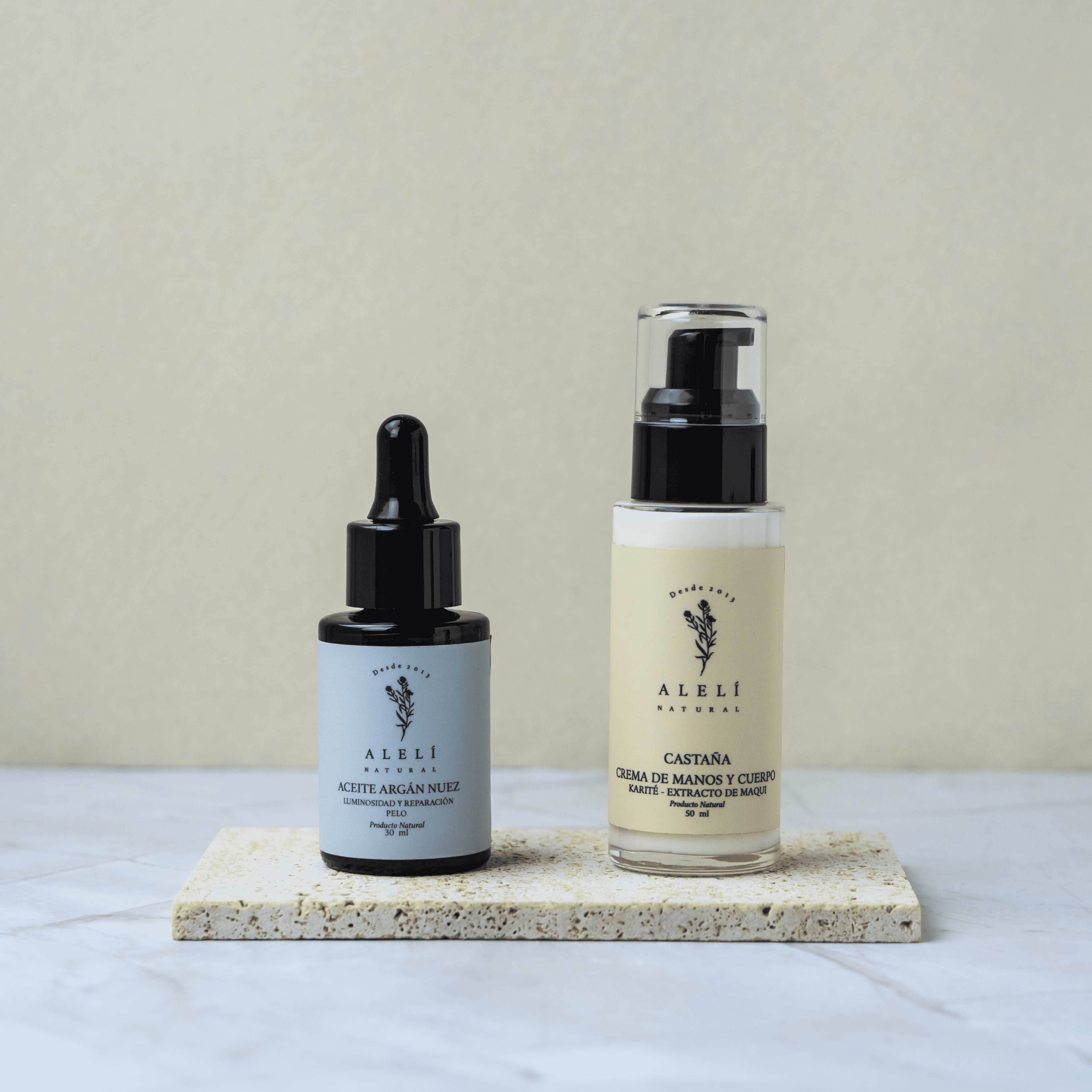 Pack Alelí Natural para el cuidado de manos y cabello con crema de karité y aceite capilar de argán y nuez. Hidratación, reparación y nutrición natural.