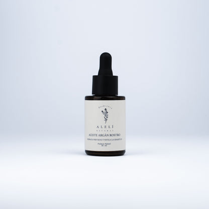 Vista frontal del Aceite de Argán Alelí Natural de 30 ml en frasco gotero. Hidratación profunda para rostro, cuerpo y cabello.