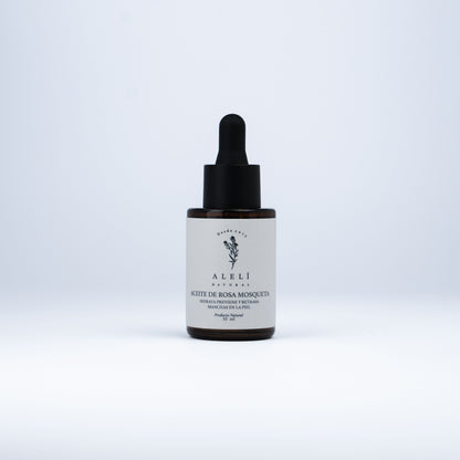 Frontal del Aceite de Rosa Mosqueta Alelí Natural de 30 ml, gotero ámbar y etiqueta minimalista.