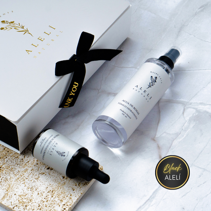 Vista frontal del Pack Doble Hidratación Facial Alelí Natural, que incluye Sérum de Ácido Hialurónico y Tónico de Agua de Rosas. Black Alelí 35% Off.