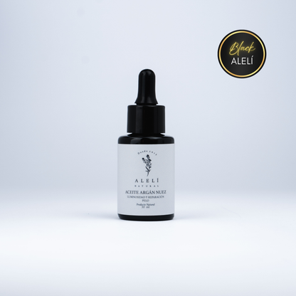 Vista frontal del Aceite Capilar Restaurador de Argán Nuez Alelí Natural de 30 ml con envase gotero ámbar. Black Alelí 35% Off.