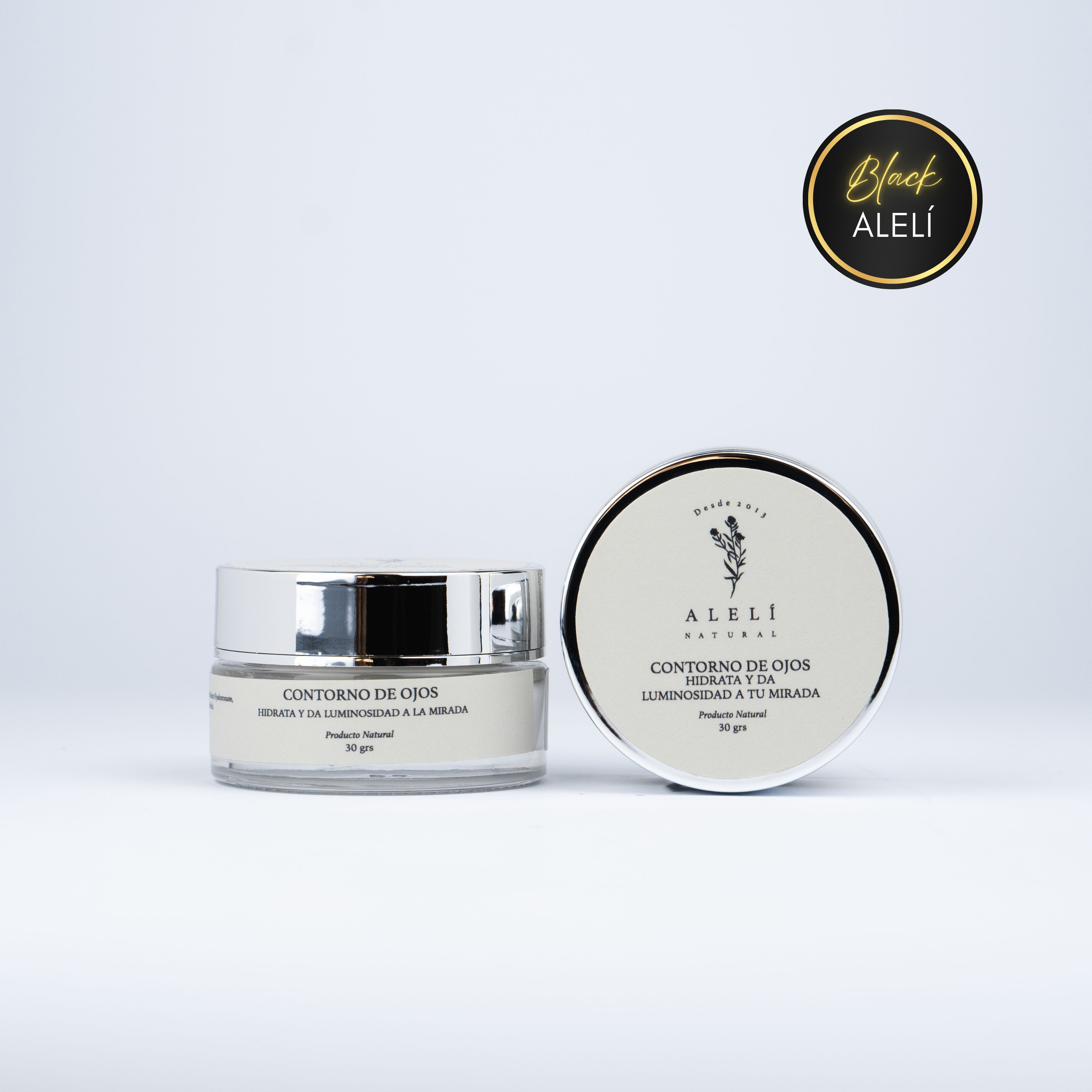 Contorno de Ojos Hidratante Alelí Natural 30 grs con Karité y Ácido Hialurónico. Hidrata, protege y suaviza la piel delicada del ojo. Black Alelí 35% Off.