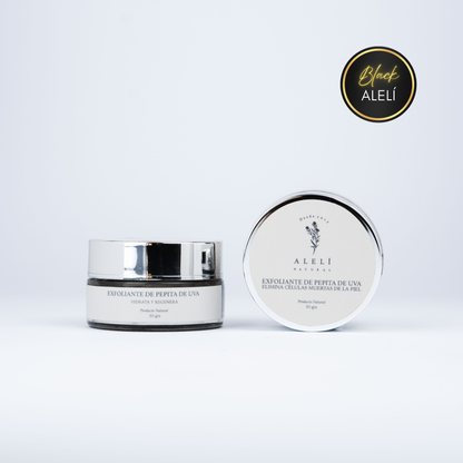 Exfoliante Facial Antioxidante de Pepita de Uva Alelí Natural 30 grs. Limpieza profunda y suave para piel sensible o mixta. Black Alelí 35% Off.