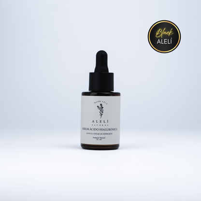 Vista frontal del Sérum Hidratante con Ácido Hialurónico Alelí Natural de 30 ml con envase gotero ámbar.Black Alelí 35% Off.