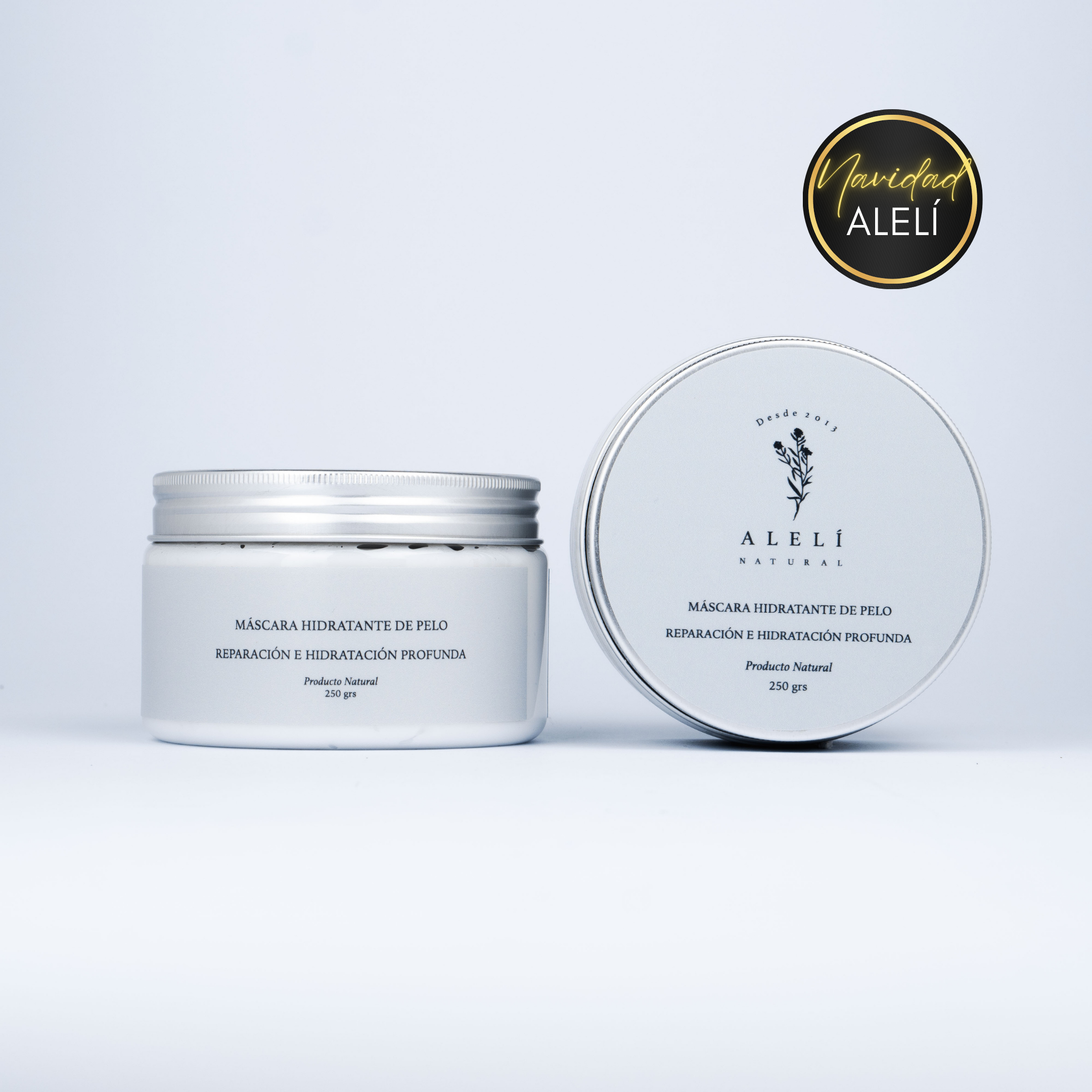 Máscara hidratante de pelo Alelí Natural 250 grs con coco, miel y argán. Nutrición profunda para cabello seco o dañado. Navidad Alelí 35% Off.