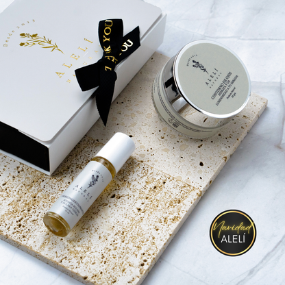 Vista frontal del Pack Mirada Iluminada Alelí Natural, que incluye Sérum Desinflamatorio y Contorno de Ojos Hidratante. Navidad Alelí 35% Off.