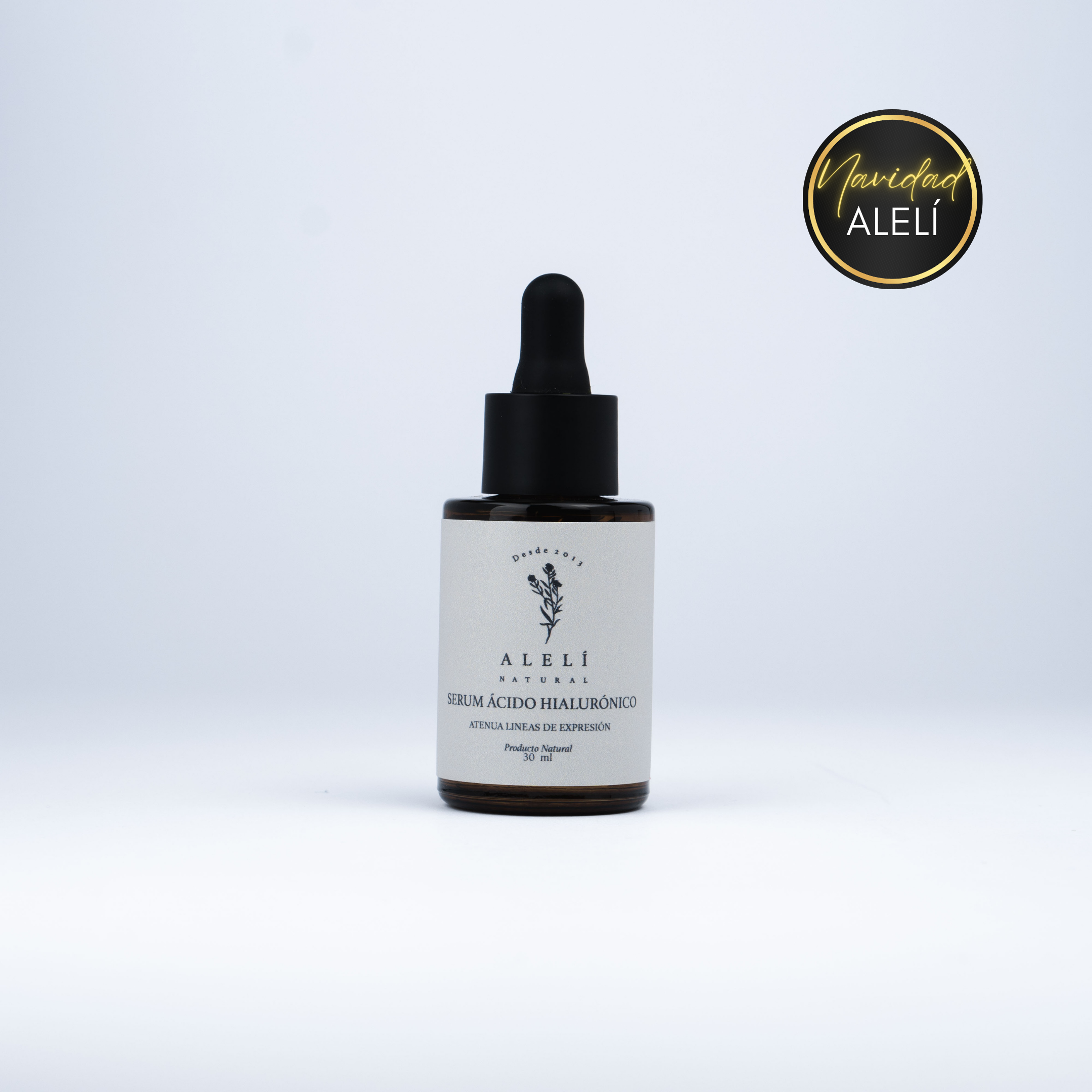 Vista frontal del Sérum Hidratante con Ácido Hialurónico Alelí Natural de 30 ml con envase gotero ámbar. Navidad Alelí 35% Off.