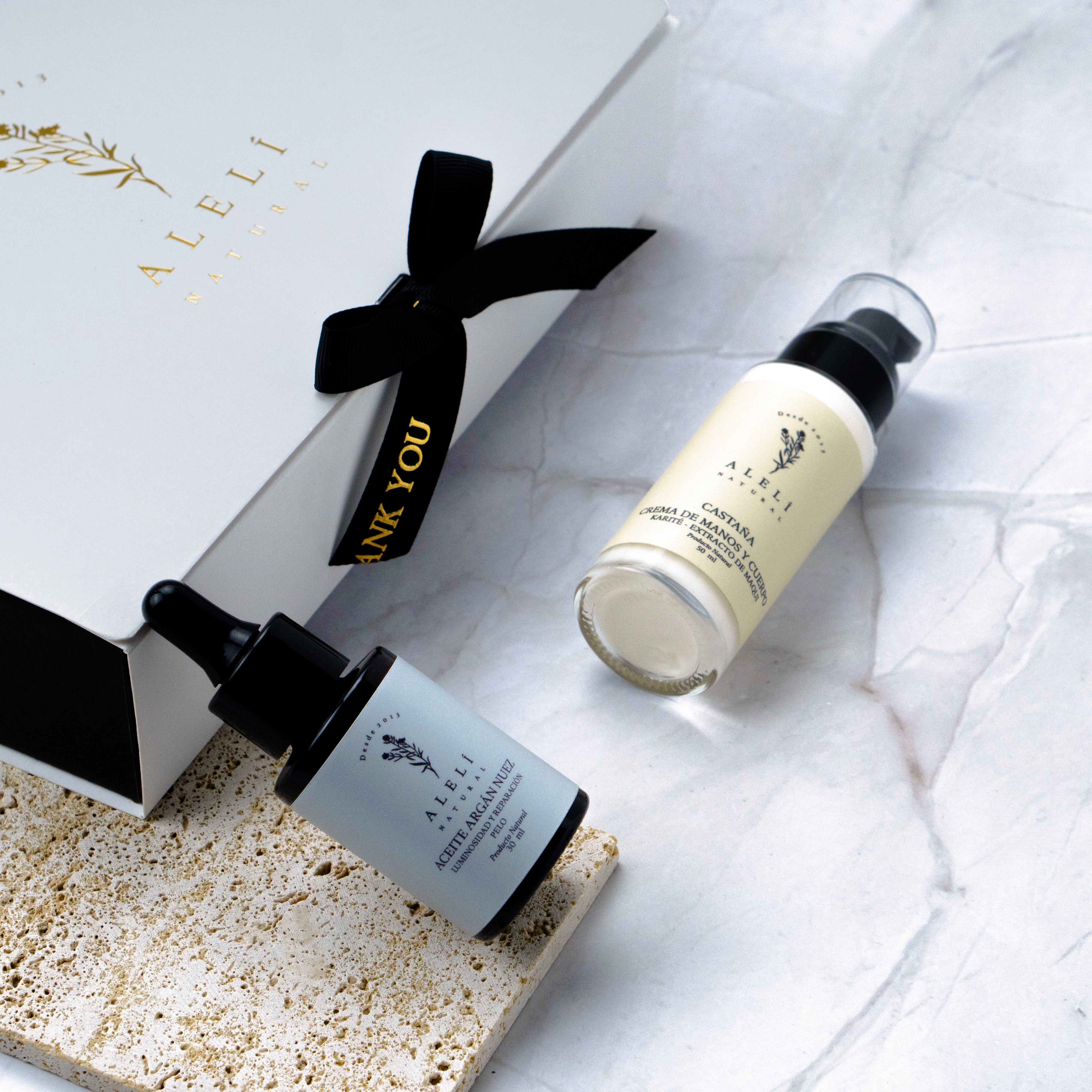 Pack Alelí Natural para el cuidado de manos y cabello con crema de karité y aceite capilar de argán y nuez. Hidratación, reparación y nutrición natural.